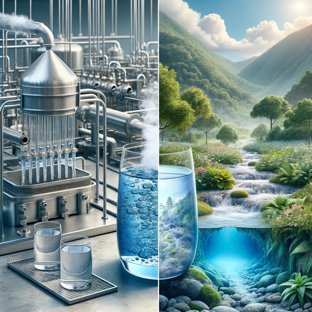 An innovative split-view image displaying the high-tech distillation process on one side and the serene, natural landscape of the Ojai Valley Groundwater Basin on the other, illustrating the journey from pure source to purified product.