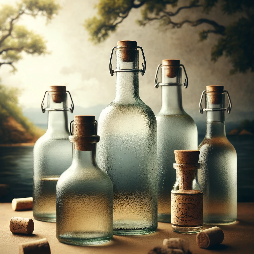 An array of Distilled Fulfilled's glass bottles, elegantly displayed with visible cork tops and wax seals, set against a backdrop featuring elements of nature, emphasizing the product's eco-friendliness and premium quality.