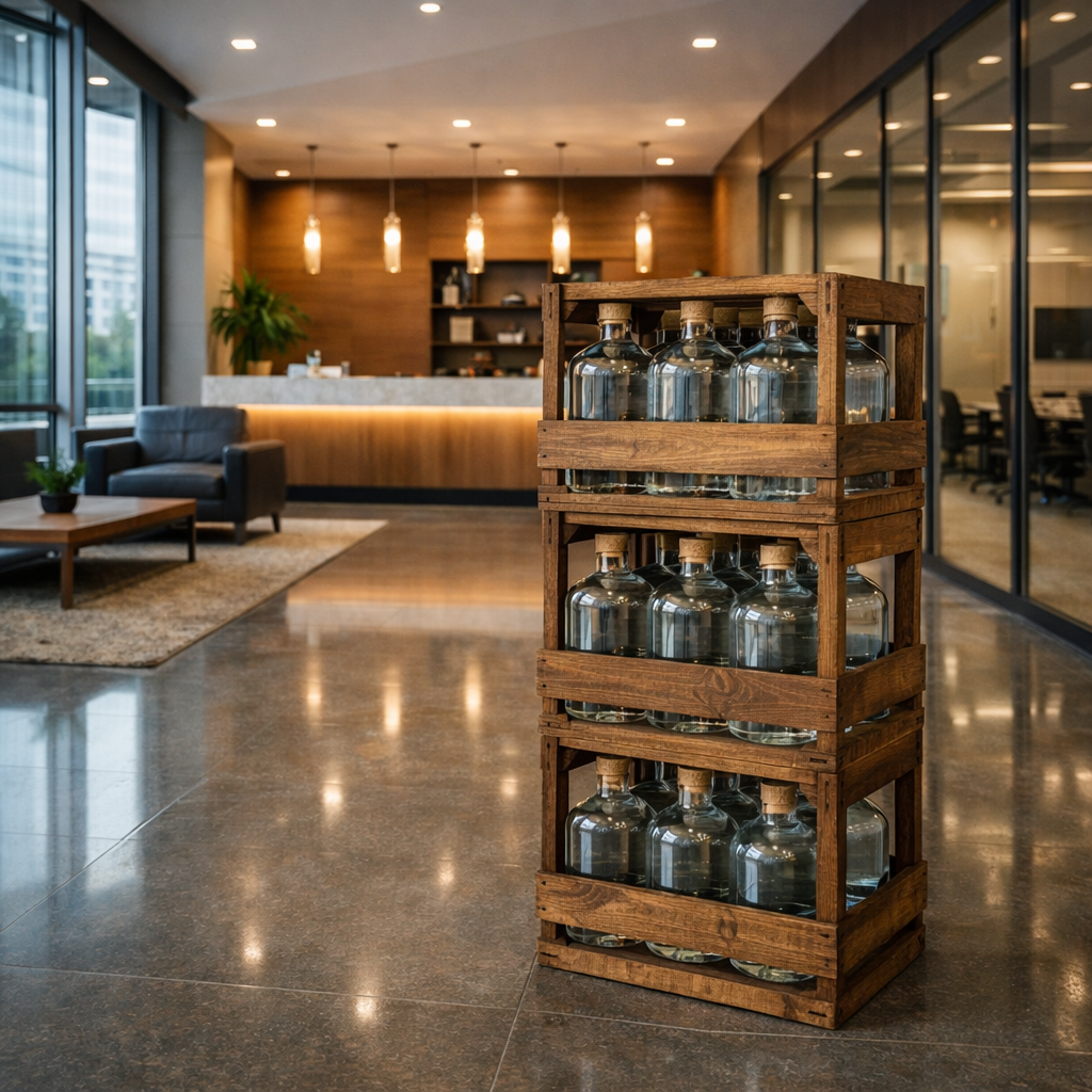 Three stacked wood crates each holding six large water bottles with cork caps in office lobby