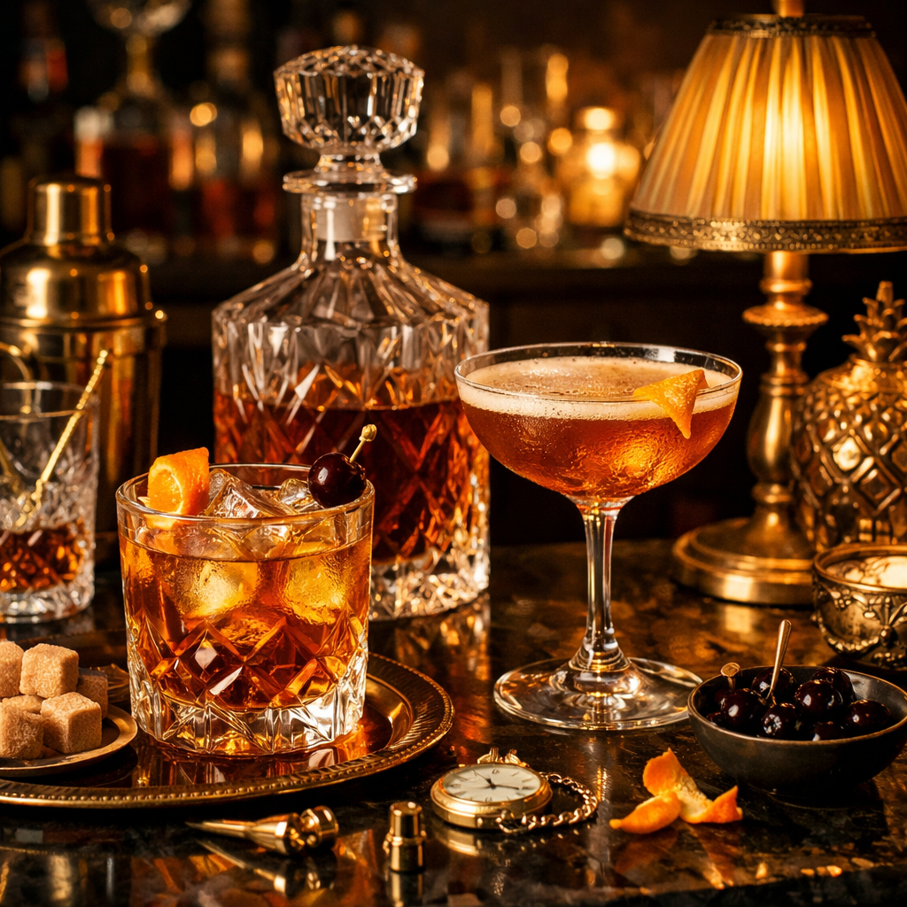 Luxury bar still life with amber cocktails