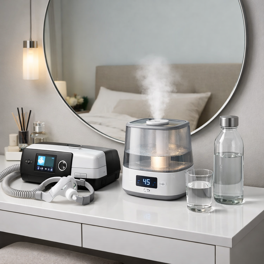 Modern vanity with CPAP, humidifier, glass water bottle