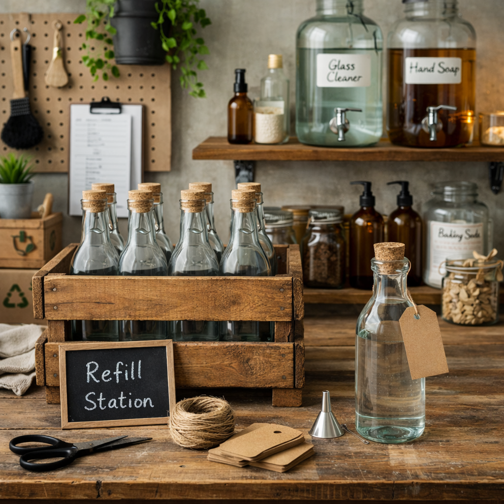 Glass bottles with swing tops in wooden crate labeled refill station