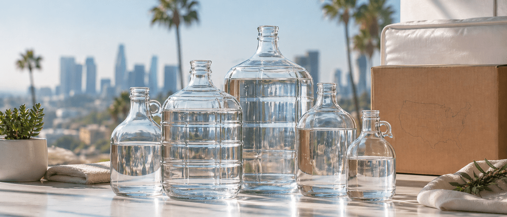 Distilled water in clear glass bottles for Los Angeles delivery and nationwide U.S. shipping by Distilled Fulfilled