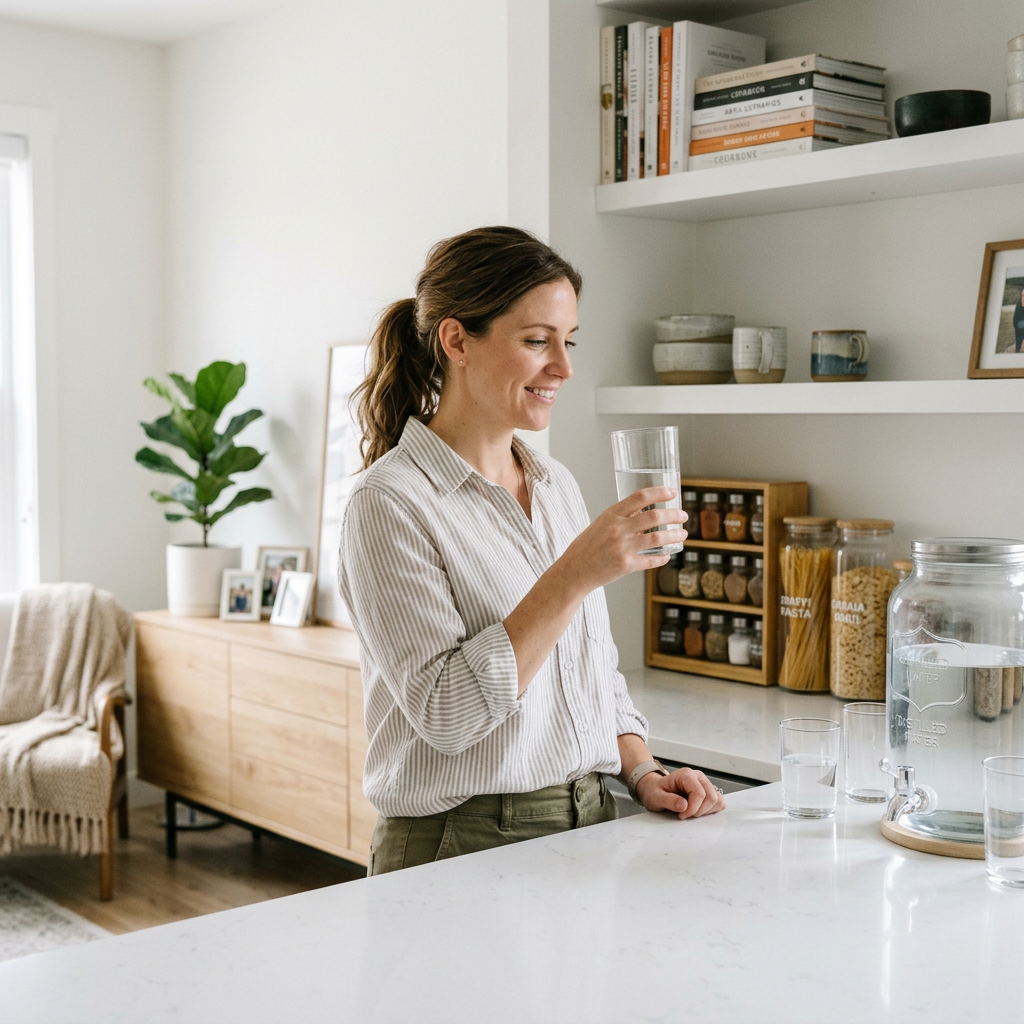 Woman holding and drinking a glass of water in a kitchen