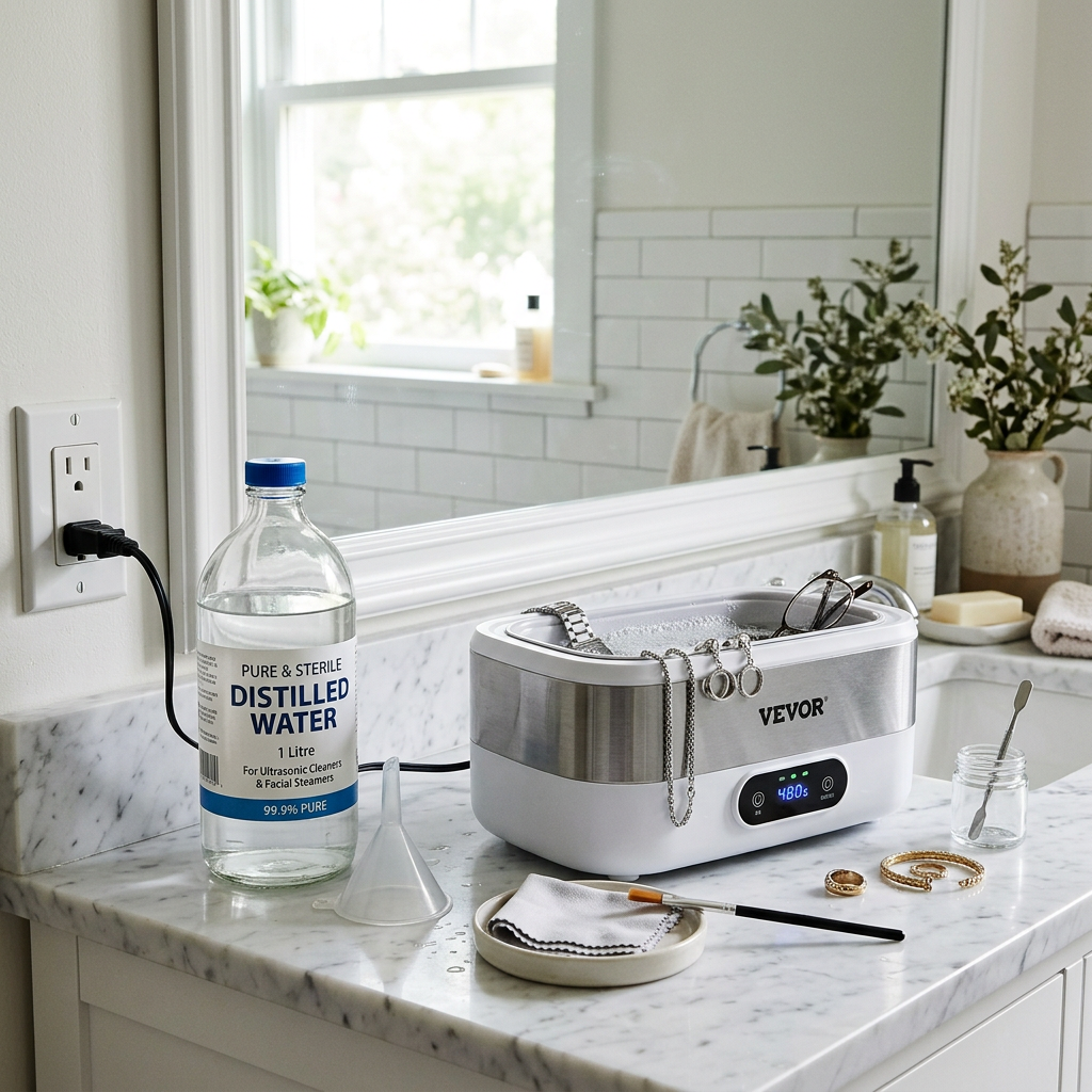 Ultrasonic jewelry cleaner with jewelry and glasses soaking on bathroom countertop