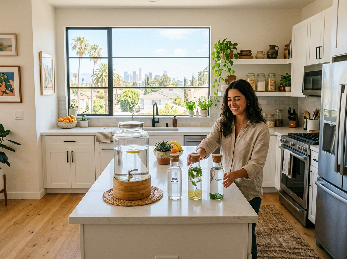 Woman arranging bottles of infused water on kitchen island in a modern kitchen with city skyline visible through window
