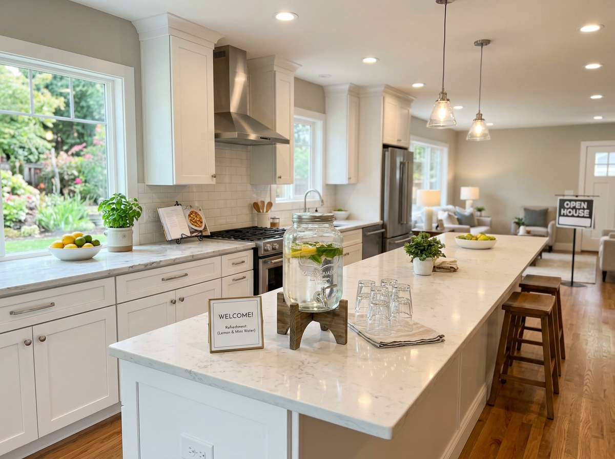 Modern kitchen with marble island, glass dispenser of lemon and mint water, and welcome sign