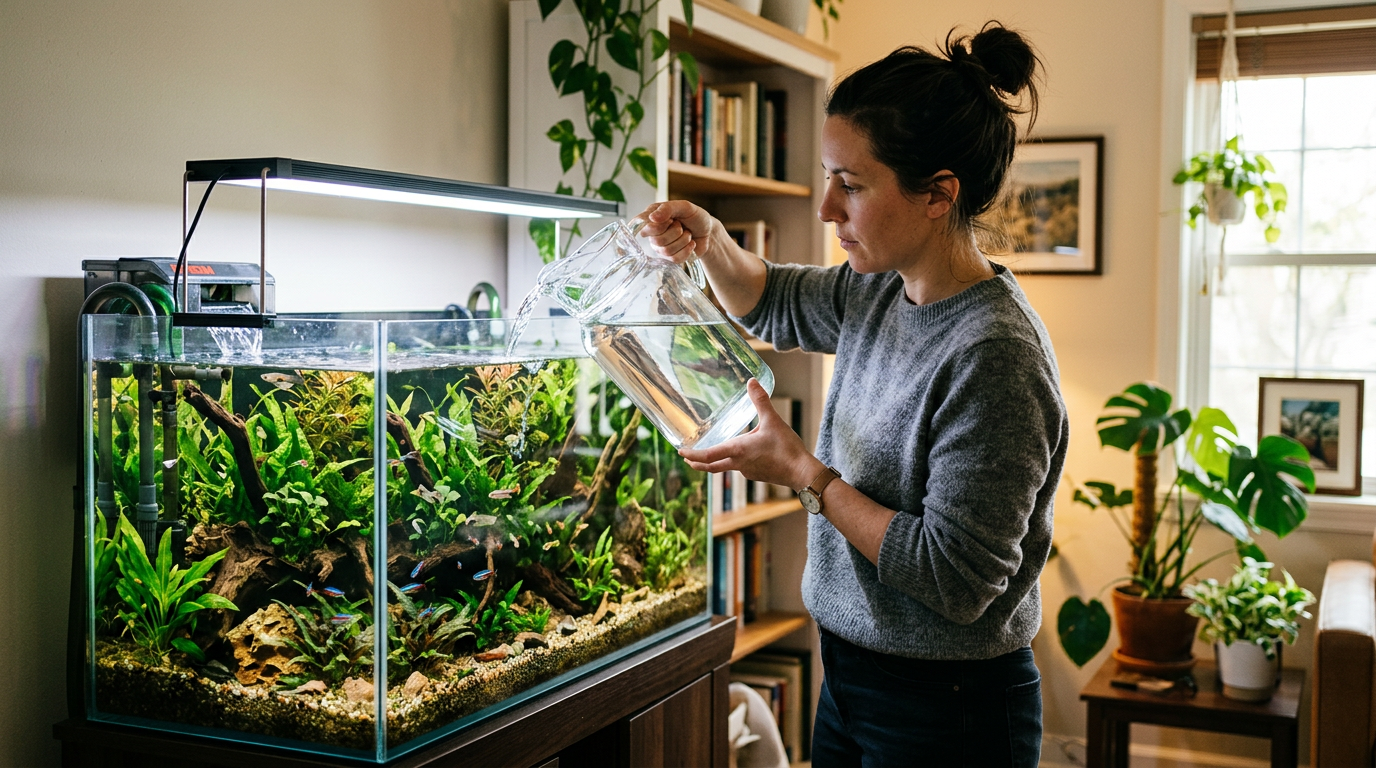 Woman pouring water from a pitcher into a planted aquarium