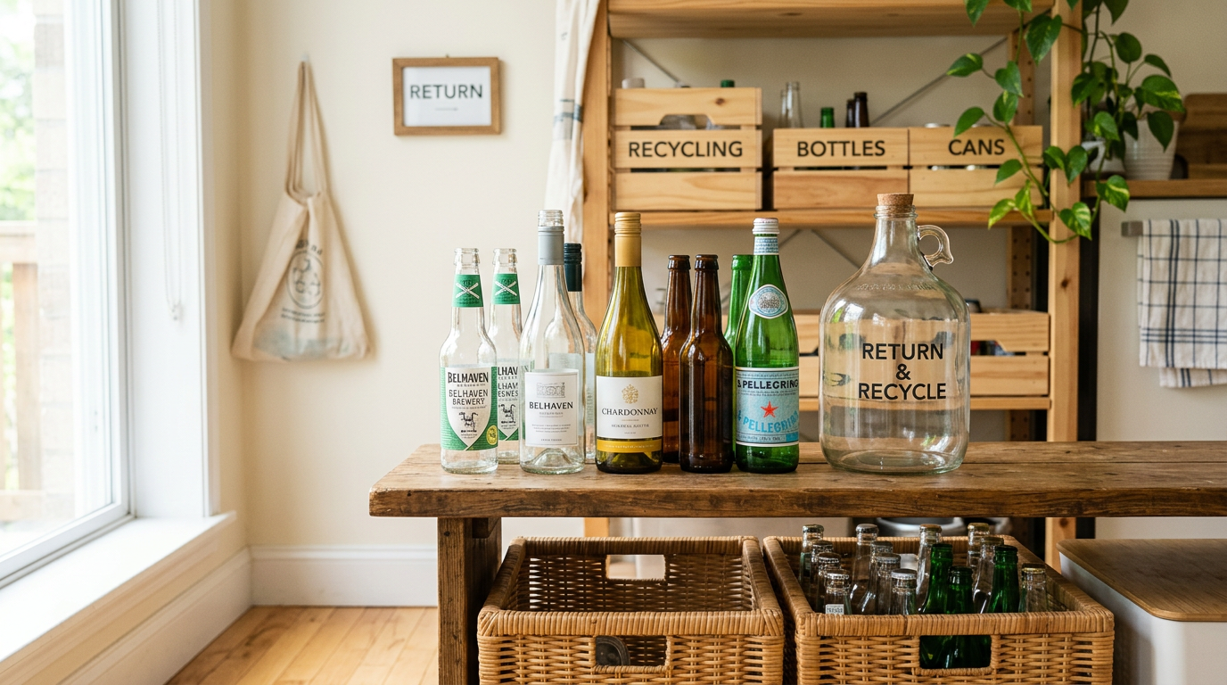 Bottles, crates, and glass jug labeled for return and recycling