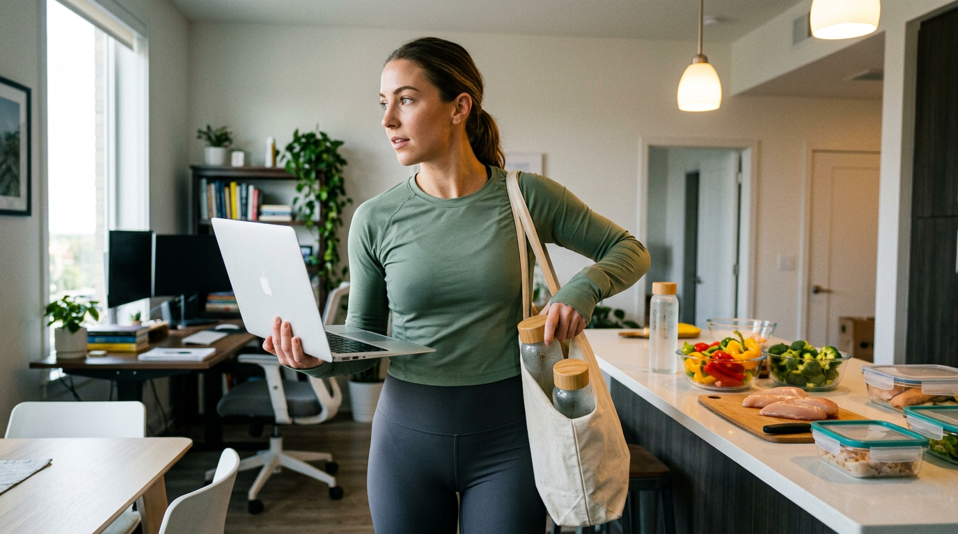 Woman carrying laptop and groceries beside a kitchen counter with prepared food